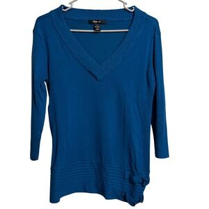 Style & Co Blue V-Neck Ribbed Sweater with Side Buckle Accents Womens Large